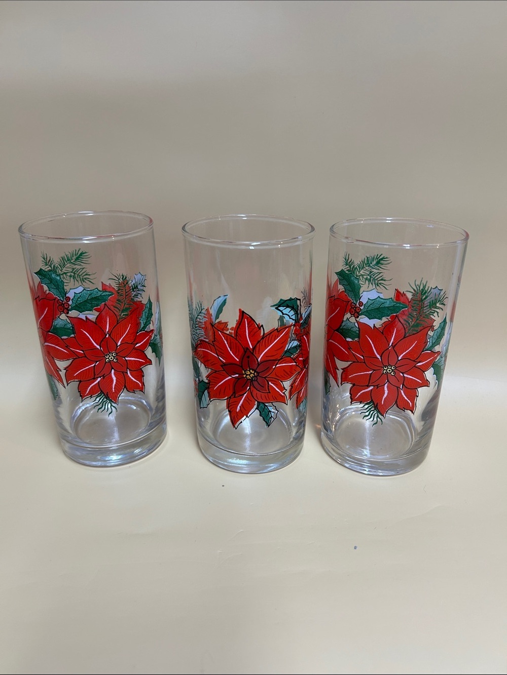 Vintage Holiday Poinsettia Glass Tumblers - set of 3